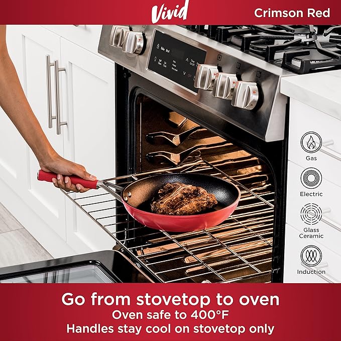Ninja C28000 Foodi NeverStick Vivid 8-Piece Cookware Set with Lids Nonstick Durable &amp Oven Safe to 400°F Cool-Touch Handles Crimson Red