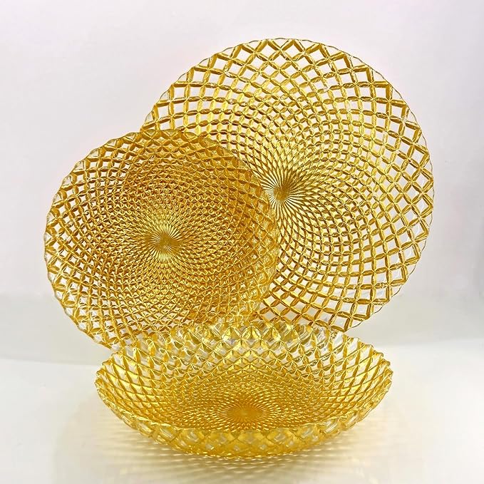 Red Pomegranate PAVO Glass Dinnerware Set Set of 12 pcs Gold