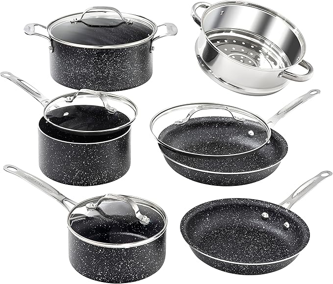 Granitestone Original 10 Piece Nonstick Cookware Set Scratch-Resistant Granite-Coated Dishwasher and Oven-Safe Kitchenware PFOA-Free Pots and Pans As Seen On TV