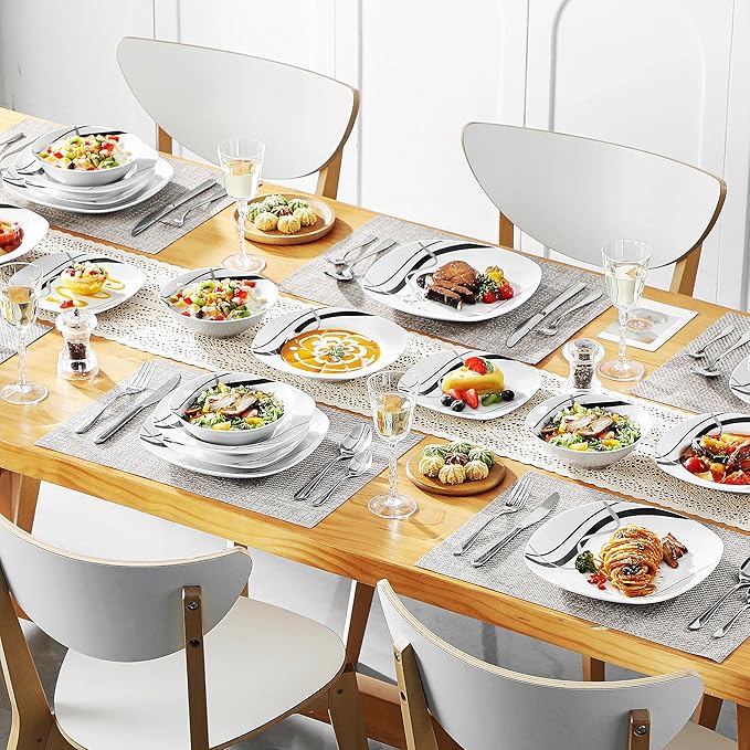 VEWEET Series Fiona 30-Piece Dinnerware Sets for 6 White Dishes Set with Black and Gray Stripes Porcelain Dinner Set Including Dessert Plates Soup Plates Dinner Plates Cups &amp Saucers