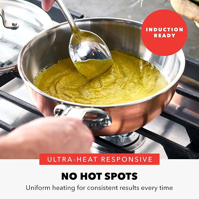 GreenPan x Bobby Flay 2QT Copper Clad Chef’s Pan with Lid Induction Ready Sauce Pot Measurement Markings Stainless Steel Base &amp Interior Oven Safe Saucepan to 500˚F