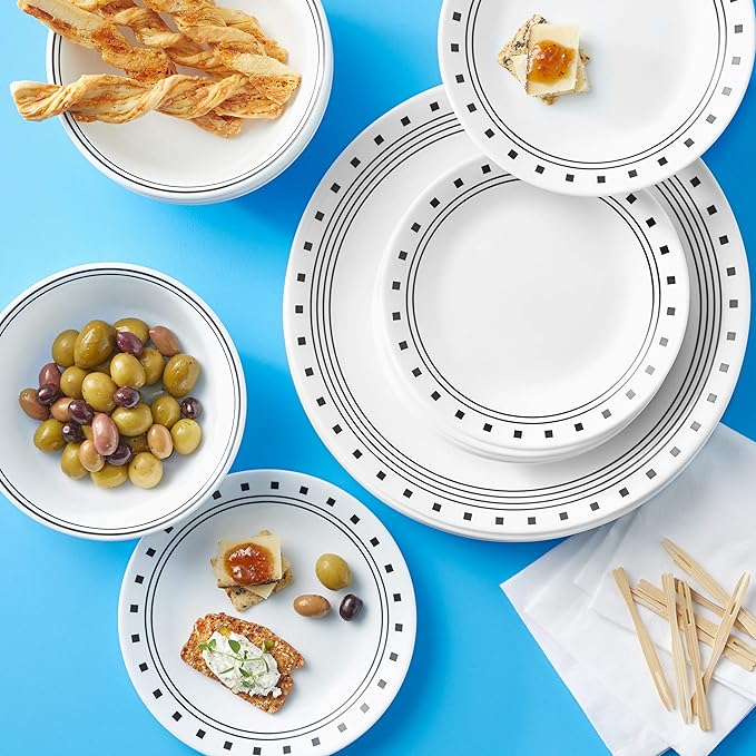 Corelle Vitrelle 18-Piece Service for 6 Dinnerware Set Triple Layer Glass and Chip Resistant Lightweight Round Plates and Bowls Set City Block