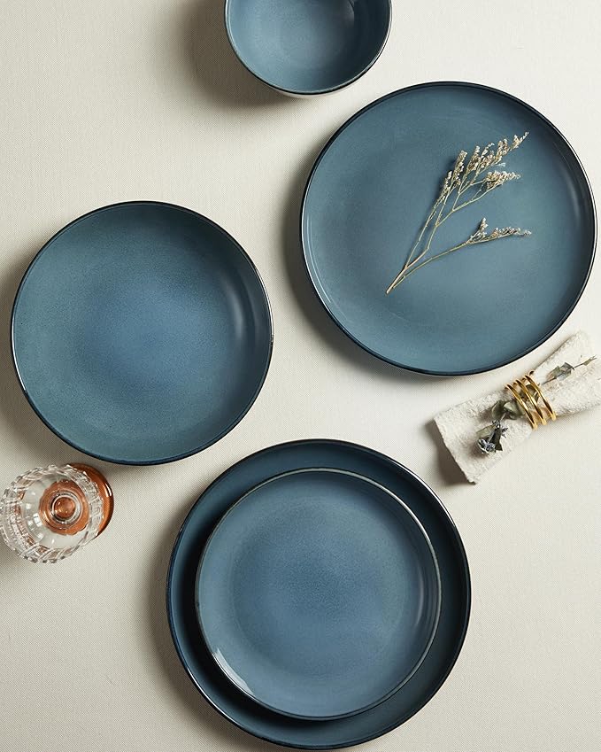 24 Piece Dinnerware Set for 8 Santorini Mist Terracotta Plates and Bowls Sets Complete Stoneware Dish Set for Large Families and Entertaining Microwave &amp Dishwasher Safe Jeans Blue
