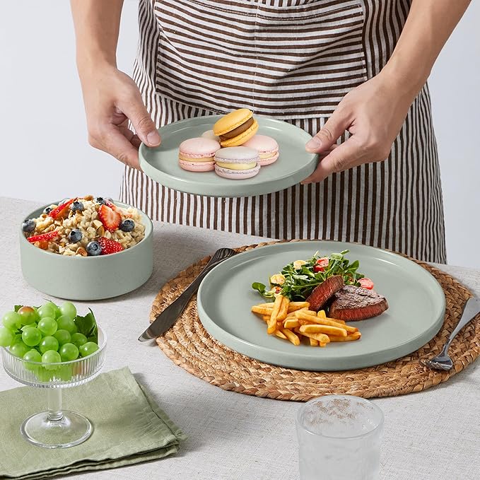 E-far Stoneware Dinnerware Sets with Pasta Bowls Set of 4 Bundle 12PCS Plates and Bowls Dish 35oz Ceramic Large Salad Bowl Plates for Serving Soup Dinner Microwave &amp Dishwasher Safe Speckled G