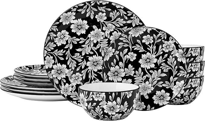 Pfaltzgraff Midnight Blooms 12 Piece Floral Stoneware Dinnerware Plate Bowl Dish Set Service for 4 Black