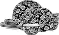 Pfaltzgraff Midnight Blooms 12 Piece Floral Stoneware Dinnerware Plate Bowl Dish Set Service for 4 Black
