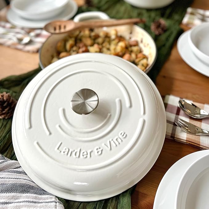 Larder &amp Vine 6-Piece Enameled Cast Iron Pan Cookware Sets Includes 8 Quart and 5.7 Quart Dutch Oven with Lids Braiser/Crock Pot with Lid (White)
