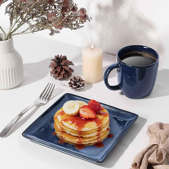 Herogo 12 Pieces Square Stoneware Dinnerware Set Service for 4 Dinner Plates and Bowls Sets Double Reactive Glaze Dishes Set for Kitchen Scratch Resistant Dishwasher Safe Starry Blue