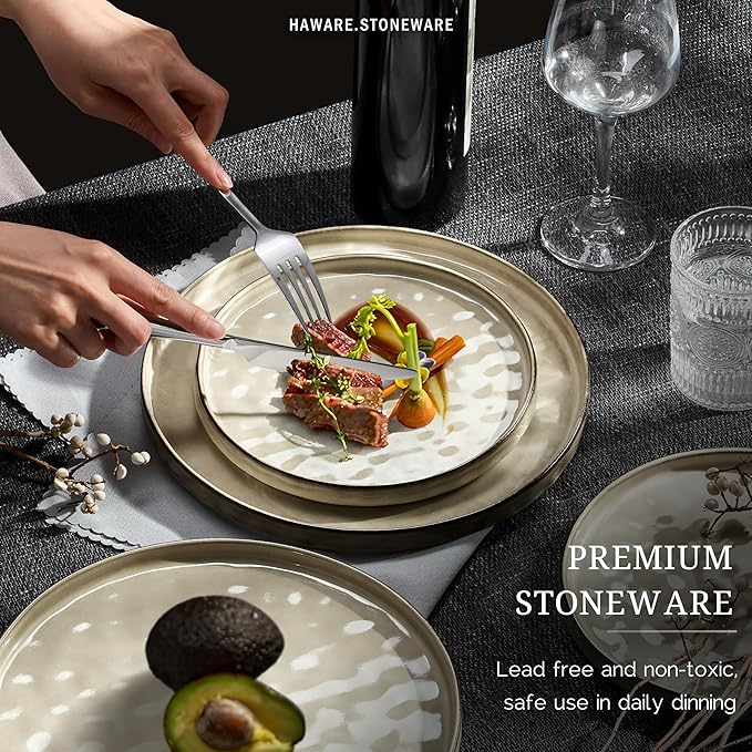 HaWare Dinnerware Sets 6-Piece Plates and Bowls Set Stoneware Dish Set for 2 Ceramic Dinnerware for Home Restaurant Chip and Scratch Resistant Microwave and Dishwasher Safe Saturn Khaki