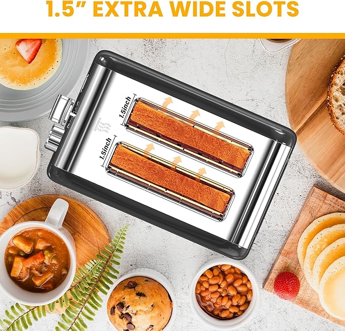 Simple Deluxe 2-Slice Toaster 6 Browning Setting and 3 Function Stainless Steel Toaster Extra Wide Slot &amp Removable Crumb Tray for Bread &amp Waffle Black