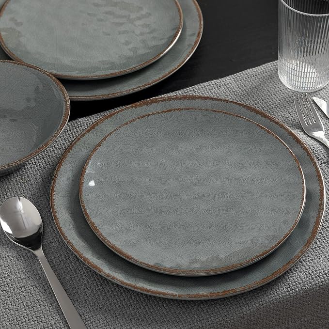LEHAHA Rustic Farmhouse 12 Piece Melamine Camping Dinnerware Set Plates and Bowls Sets Indoor and Outdoor Use Lightweight and Unbreakable Kitchen dishes Set for 4(Grey)