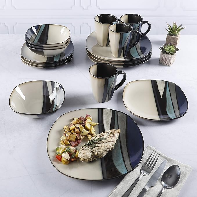 Gibson Elite Althea 16-Piece Teal Reactive Glaze Dinnerware Set – Service for 4 Durable Stoneware Plates and Bowls