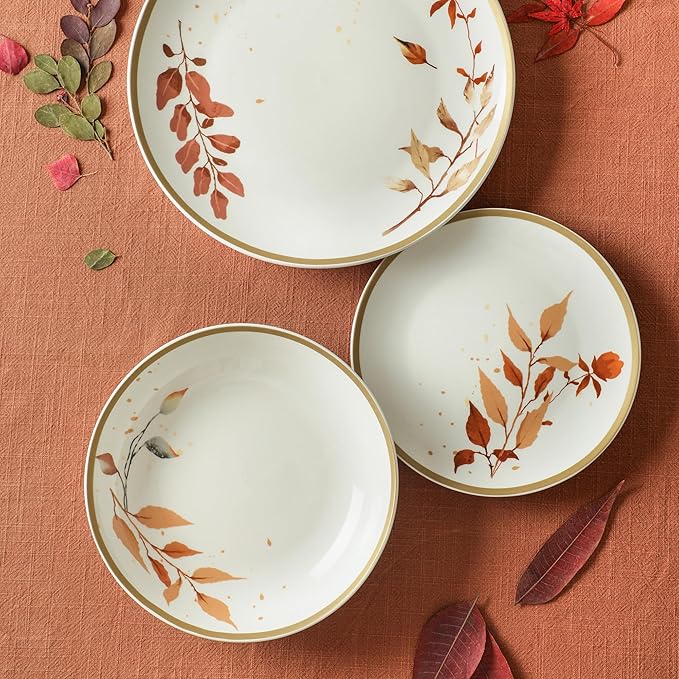 Stone Lain Maple 12-Piece Dinnerware Set Porcelain Plates and Bowls Set Dishwasher and Microwave Safe Dish Set for 4 White