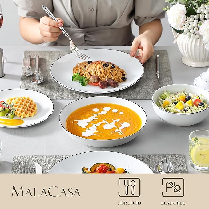 MALACASA 24-Piece Gourmet Porcelain Dinnerware Sets Modern White with Black Rim Round Dish Set for 6 - Premium Serving Plates and Bowls Sets for Dessert Salad Soup Pasta - Series AMELIA