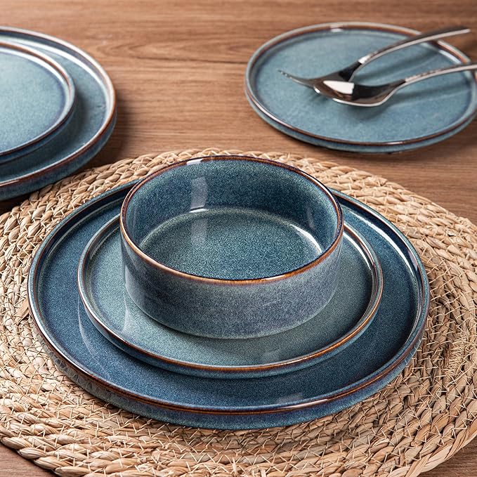AmorArc Ceramic Dinnerware Sets with Pasta Bowl Handmade Reactive Glaze Plates and Bowls SetsHighly Chip and Crack Resistant | Dishwasher &amp Microwave Safe Dishes Set Service for 4 (16pc)
