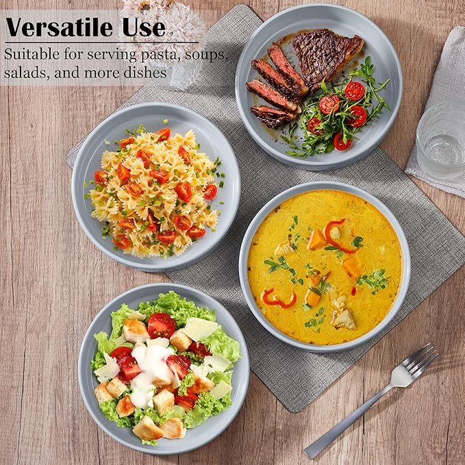E-far Stoneware Dinnerware Sets with Pasta Bowls Set of 4 Bundle 12PCS Plates and Bowls Dish 35oz Ceramic Large Salad Bowl Plates for Serving Soup Dinner Microwave &amp Dishwasher Safe Speckled G