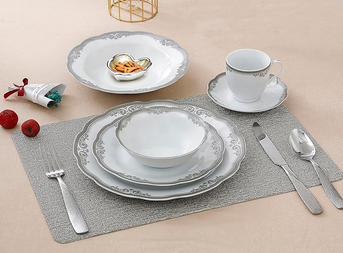 Lorren Home Trends Elizabeth-24 24 Piece Elizabeth Design Porcelain Wavy Edge Dinnerware Set White