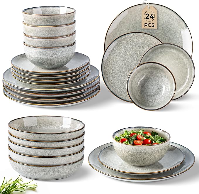 GBHOME 24 Pieces Ceramic Dinnerware Sets for 6 Stoneware Plates and Bowls Set with Reactive Glaze Scratch Resistant Stoneware Dishes Set Dishwasher &amp Microwave Safe