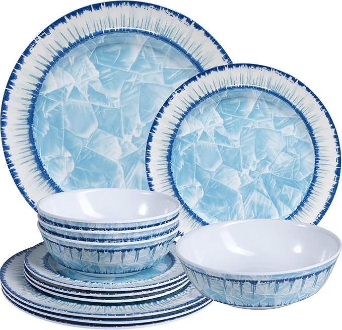 12 Piece Melamine Plates and Bowls Dinnerware Set Lightweight Unbreakable Modern Dishes Set Great for Outdoor Camping &amp Everyday Use Service for 4 BPA Free Light Blue
