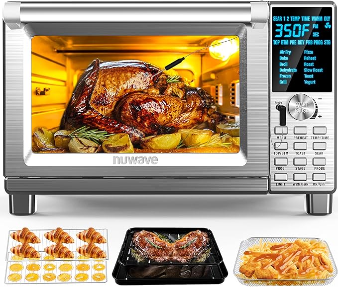 Nuwave Bravo Air Fryer Toaster Smart Oven 12-in-1 Countertop Convection 30-QT XL Capacity 50°-500°F Temperature Controls Top and Bottom Heater Adjustments 0%-100% Brushed Stainless Steel Look