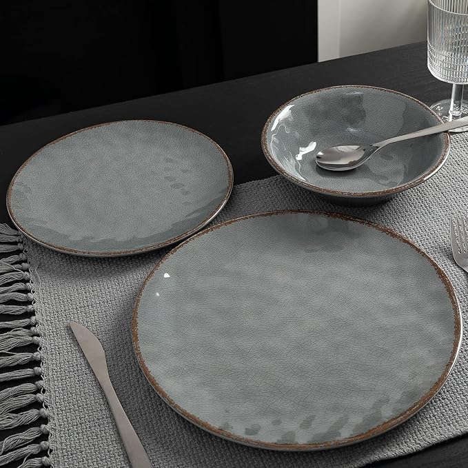 LEHAHA Rustic Farmhouse 12 Piece Melamine Camping Dinnerware Set Plates and Bowls Sets Indoor and Outdoor Use Lightweight and Unbreakable Kitchen dishes Set for 4(Grey)