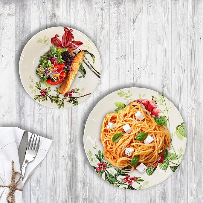 Tudor Royal 12-Piece Round Porcelain Dinnerware Set Service for 6 RosemarySummer Flowers Plates Bowls Dishes Glossy Premium Quality Dish Set Unique Pattern
