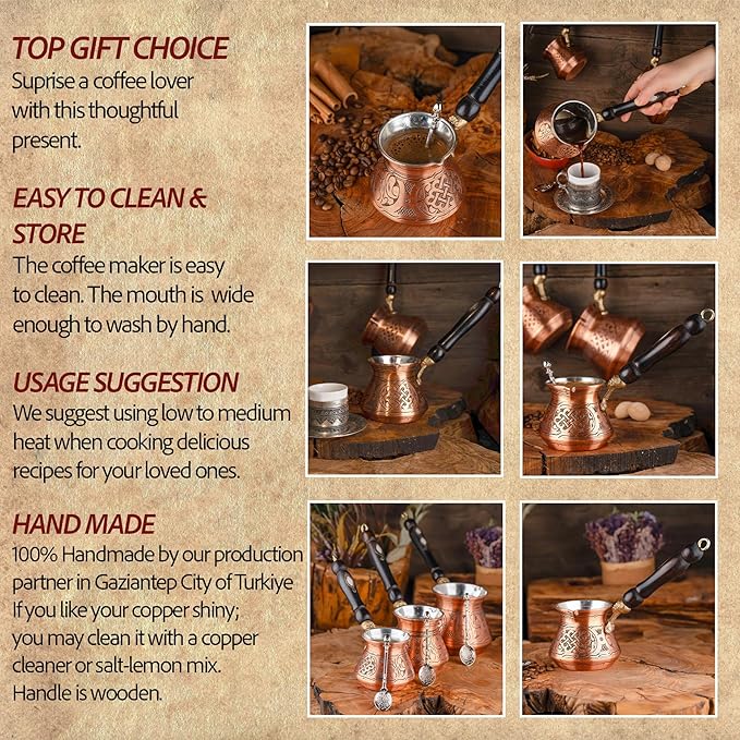 7.6fl Oz Copper Turkish Greek Arabic Coffee Pot with Copper Handle - Cezve Ibrik Briki Stovetop Coffee Maker (Includes Copper Spoon) (2 servings)