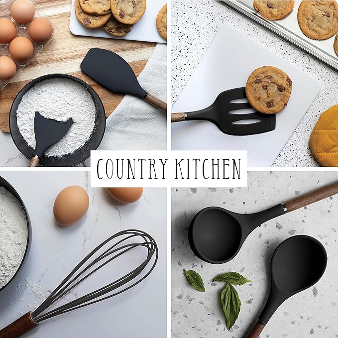 Country Kitchen Cookware Bundle- Cookware Set with Removable Hanldes and 8 Essential Kitchen Utensils for Cooking and Baking