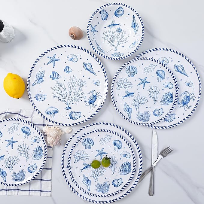 LEHAHA 12-Piece Coastal Melamine Dinnerware Set Service for 4 Unbreakable &amp Lightweight Round Plates and Bowls Set Outdoor Dish Set for Patio Camper RV Indoor Outdoor Use with Ocean Printed