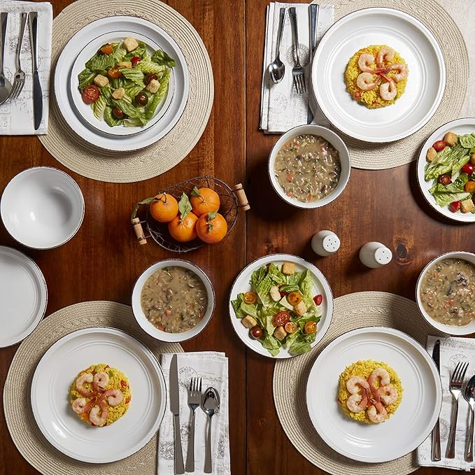 Tabletops Gallery Fashion Dinnerware- Stoneware White Rimmed Round Dishes Service for 4 Dinner Salad Appetizer Dessert Plate Bowls 12 Piece White Antiqued Farmhouse Dinnerware Set