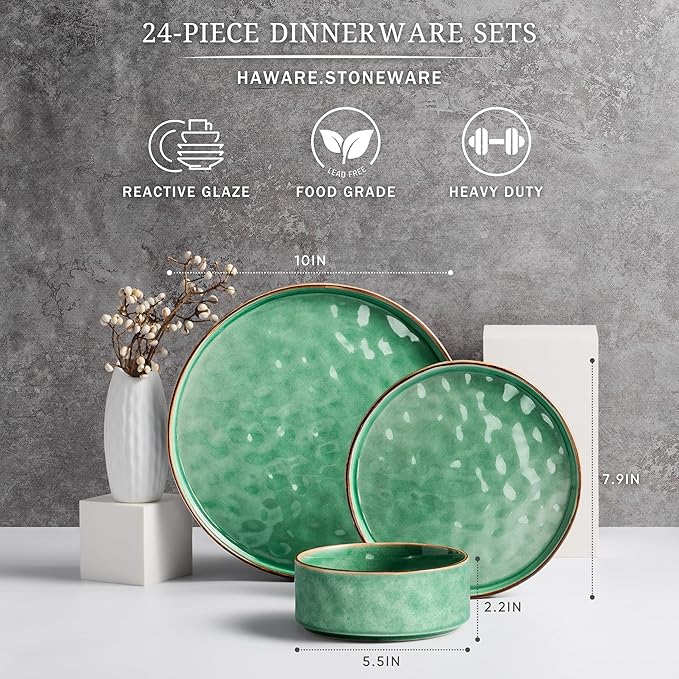HaWare Dinnerware Sets 24-Piece Plates and Bowls Set Stoneware Dish Set for 8 Ceramic Dinnerware for Home Restaurant Chip and Scratch Resistant Microwave and Dishwasher Safe Reactive Green