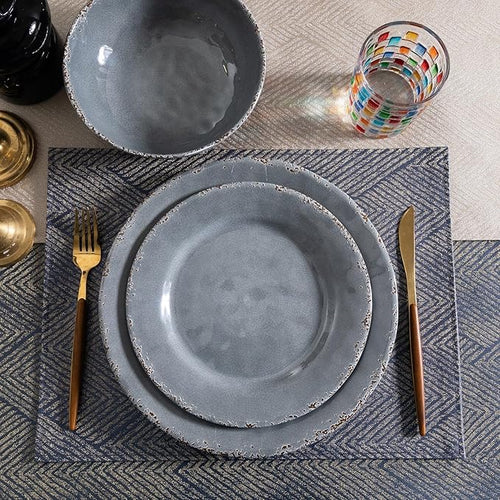 12 Pcs Vintage Melamine Dinnerware Sets Durable Set Of 4 Plates and Bowls Set Lightweight Dishes Dinnerware Sets for Indoor and Outdoor Use BPA FreeCool Gray