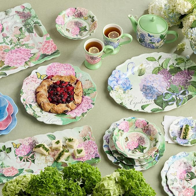 Garden Path Melamine 12-Piece Dinnerware Set - Hydrangea Design Service for 4 with Dinner Plates Salad Plates and Bowls - Durable Lightweight and Dishwasher-Safe