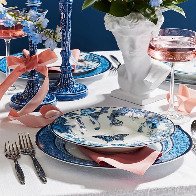 Marchesa Monarcha 12-Piece Dinnerware Set Porcelain Plates and Bowls Set Dishwasher and Microwave Safe Dish Set for 4 Blue