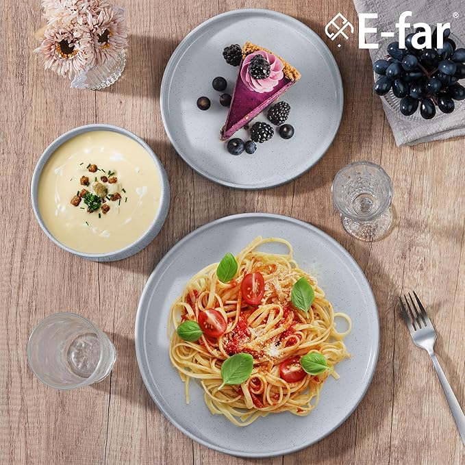 E-far Dinnerware Sets for 8 24-Piece Stoneware Plates and Bowls Dish Set Modern Kitchen Dinning Dishware Chip and Scratch Resistant Microwave &amp Dishwasher Safe Speckled Gray