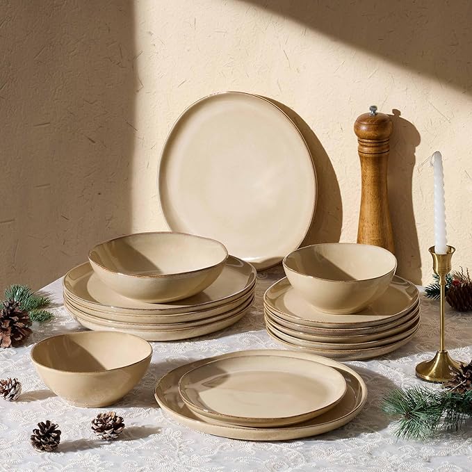 Herogo 12pcs Stoneware Dinnerware Sets for 4 Irregular Handmade Dinner Plates and Bowls Kitchen Dining Dish Dishware Set Microwave &amp Dishwasher Safe Cream Khaki