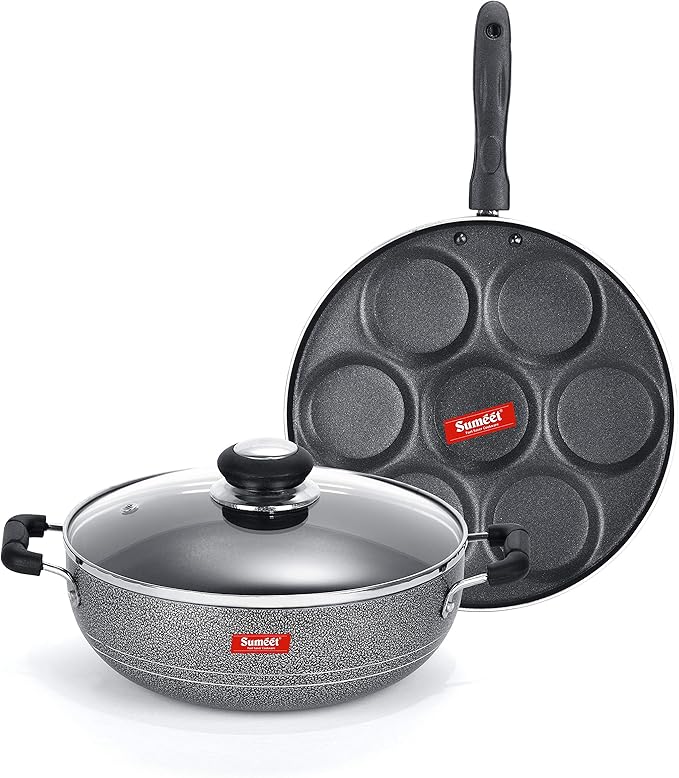 Sumeet NonStick Sudrabs Cookware Set (Kadhai with Glass Lid -2Ltr - 22Cm Dia + Multi Snack Maker - 7 Cavity - 26.5Cm Dia)