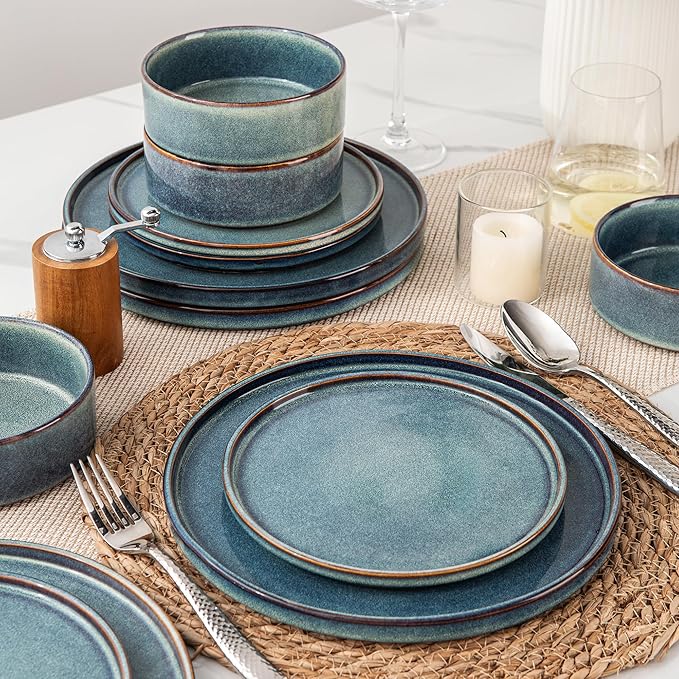 AmorArc Ceramic Dinnerware Sets with Pasta Bowl Handmade Reactive Glaze Plates and Bowls SetsHighly Chip and Crack Resistant | Dishwasher &amp Microwave Safe Dishes Set Service for 4 (16pc)