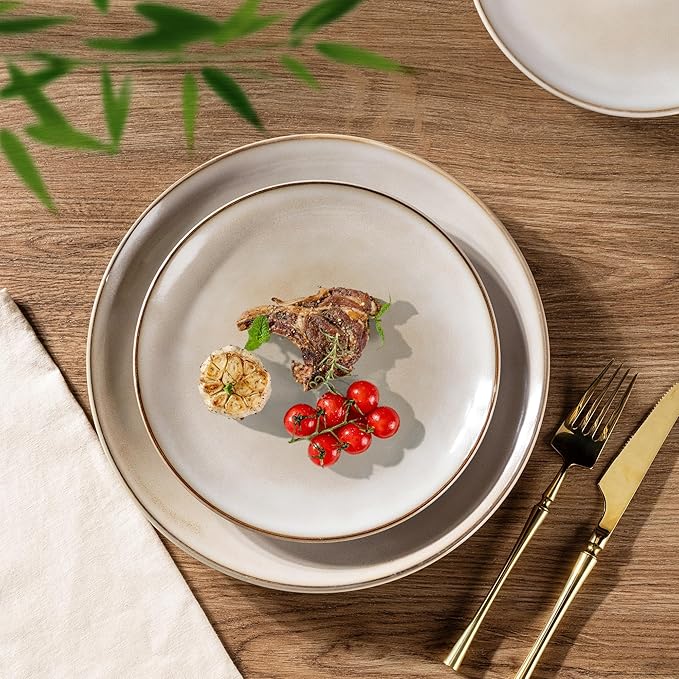 GBHOME Ceramic Dinnerware Sets for 6 18 Pieces Stoneware Plates and Bowls Sets Reactive Glaze Dishes -Scratch Resistant Dishwasher&ampMicrowave Safe-Cappuccino