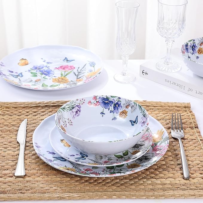 12 Piece Melamine Dinnerware Sets - Plates And Bowls Sets Floral Dinnerware Sets- Spring Camping Dishs Indoor Outdoor UseFlowers And Butterflies Pattern