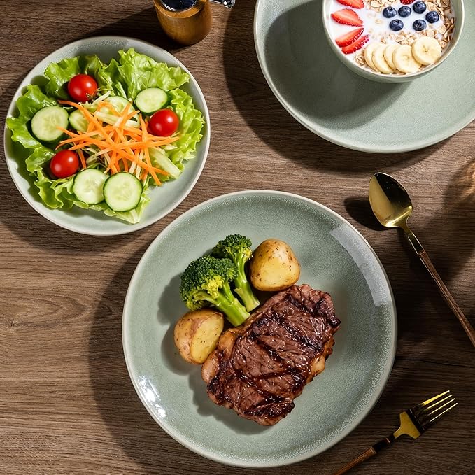 AmorArc Ceramic Dinnerware Sets for 6 18 Pieces Handpainted Plates and Bowls Set Scratch Resistant Stoneware Dishes Set Dishwasher &amp Microwave Safe Olive Green