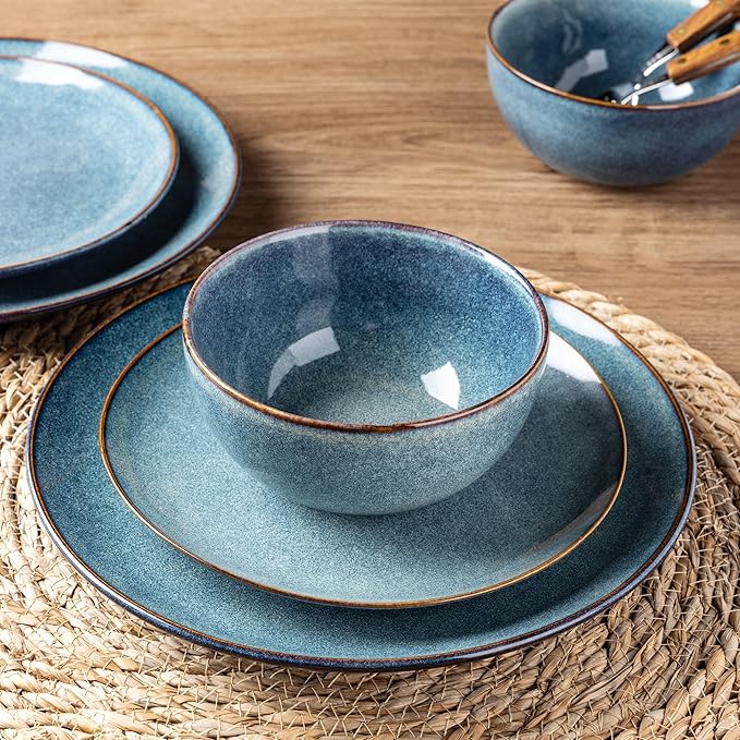 AmorArc Ceramic Dinnerware Sets for 6 18 Pieces Handpainted Plates and Bowls Set Scratch Resistant Stoneware Dishes Set Dishwasher &amp Microwave Safe Ceylon Blue