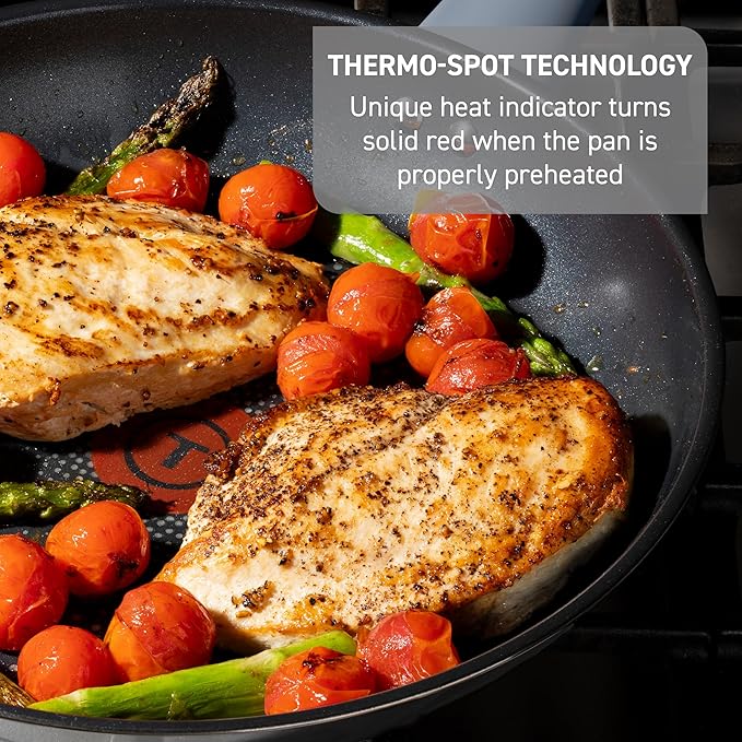 T-fal Essentials Stainless Steel Fry Pan w/Non Stick Coating 10.5 Inch Induction Compatible Oven Safe 350F Heat Indicator Nonstick Frying Pan Versatile Skillet Dishwasher Safe Silver/Blue