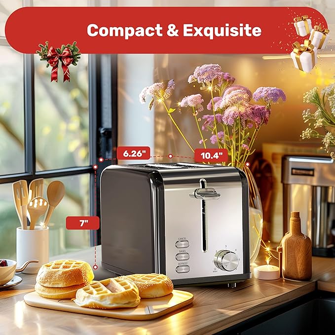 YSSOA Stainless Steel Toaster 2 Slice with Extra Wide Slot &amp Removable Crumb Tray 6 Shade Settings and Bagel/Defrost/Cancel Functions Compact Oven for Various Bread &amp Waffle Black (Pack of