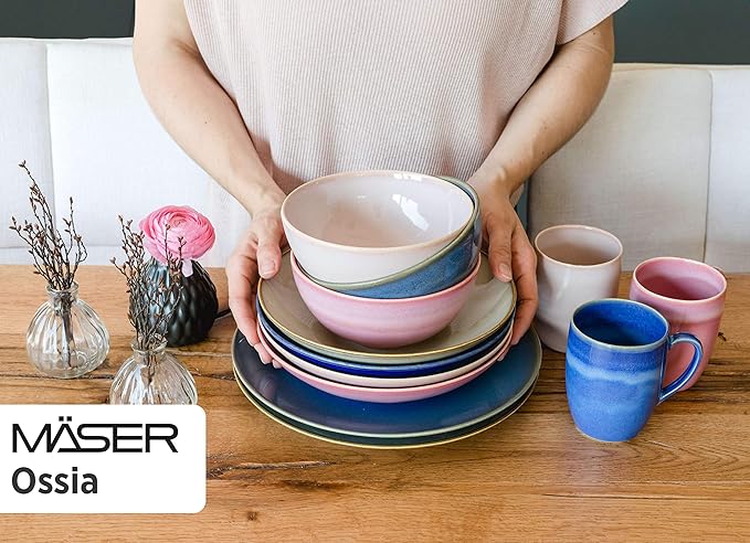 MÄSER Ossia Crockery Set for 4 People in Mediterranean Vintage Look 16-Piece Dinner Set in Light Blue Porcelain