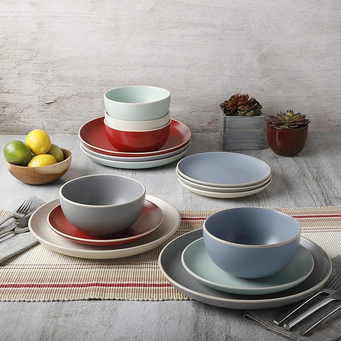 Gibson Home Rockaway 12-Piece Round Stoneware Dinnerware Set Service for 4 – Blue Plates and Bowls Microwave &amp Dishwasher Safe