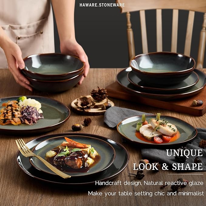HaWare Dinnerware Sets 24-Piece Stoneware Plates and Bowls Set Dish Set for 8 Ceramic Dishware for Home Restaurant Chip and Scratch Resistant Microwave and Dishwasher Safe Reactive Moss Green