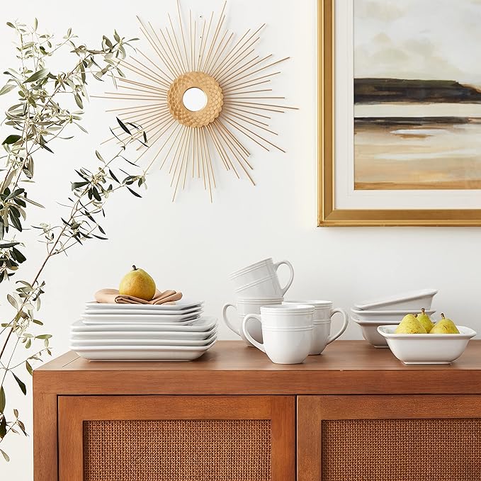 American Atelier Square Dinnerware Sets | White Kitchen Plates Bowls and Mugs | 16 Piece Stoneware Madelyn Collection | Dishwasher &amp Microwave Safe | 10.75 x 10.75 Service for 4
