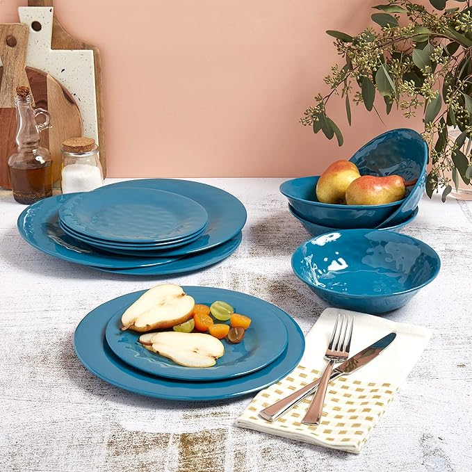 Tabletops Gallery Indoor/Outdoor Melamine Dinnerware Collection- Chip Break Resistant Plates Bowls Dishwasher Safe 12 Piece Dinnerware in Ocean Blue (Dark Blue)