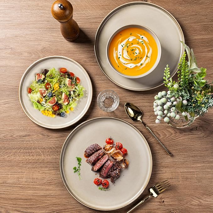 AmorArc Stoneware Dinnerware SetsRound Reactive Glaze Plates and Bowls SetHighly Scratch Resistant | Dishwasher &amp Microwave Safe Dishes SetService for 4 (12pc)
